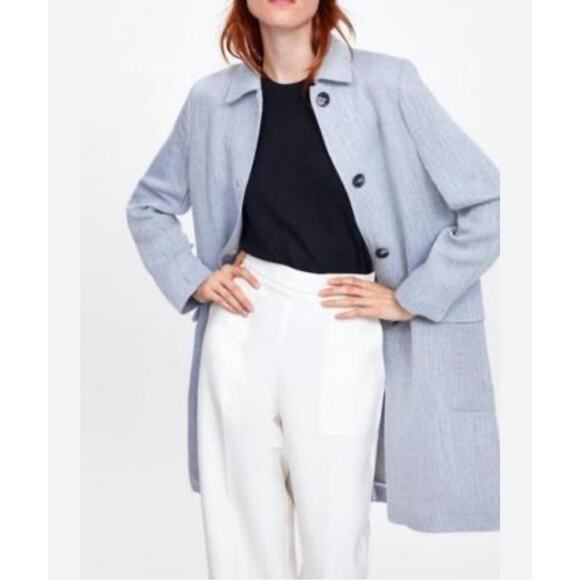 Zara Linen Duster Trench Coat Jacket Button Front Pockets Blue White Women’s S - Picture 7 of 16